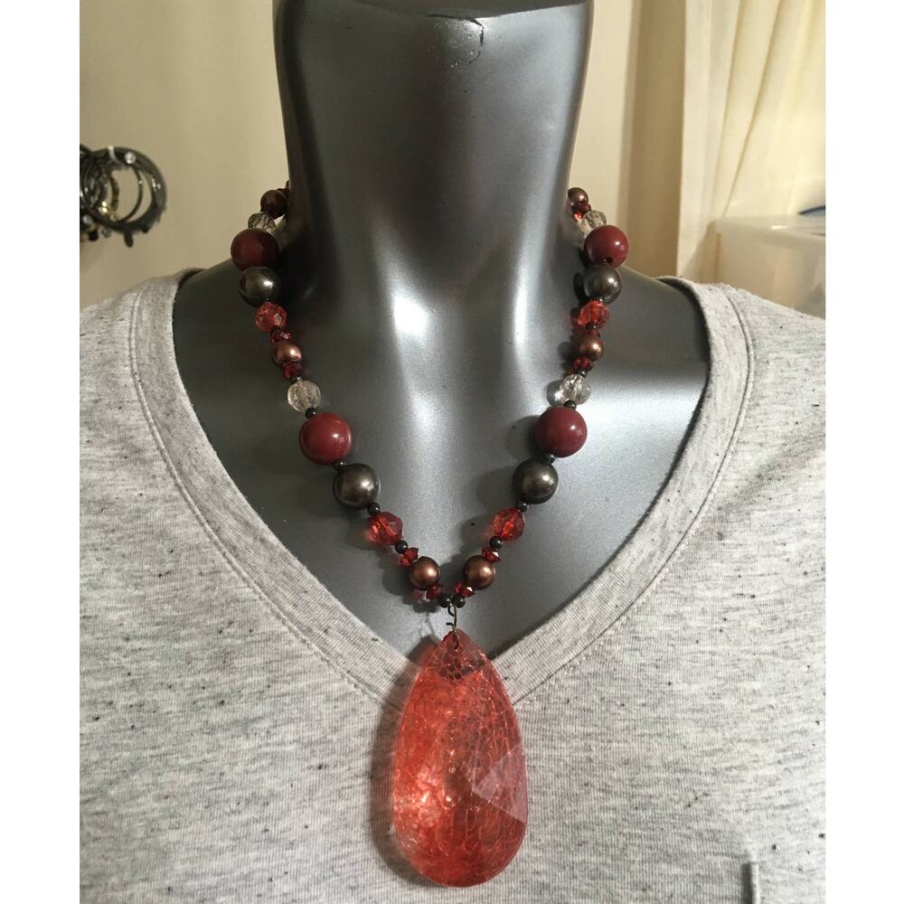 Statement Necklace, Brown Copper & Brick Red Beads White & Pinkish Faceted Beads